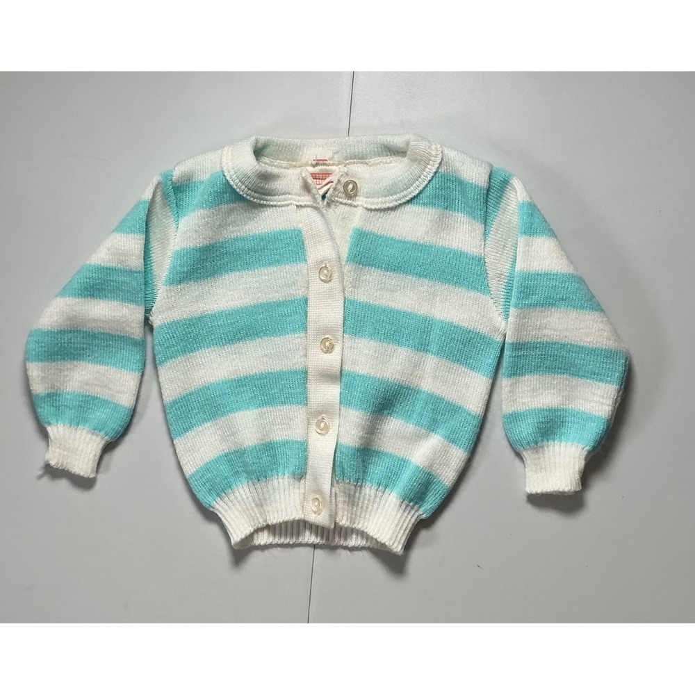 VTG 90s Baby 12 Months Striped Knit Cardigan Aqua White Peter Pan Collar